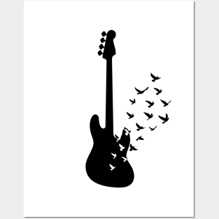 Bass Guitar Silhouette Turning Into Birds Posters and Art